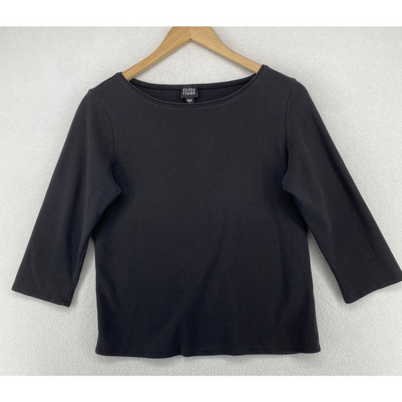 Eileen Fisher Tops - EILEEN FISHER Top S Cotton Interlock Jersey Boat Neck 3/4 Sleeve Black